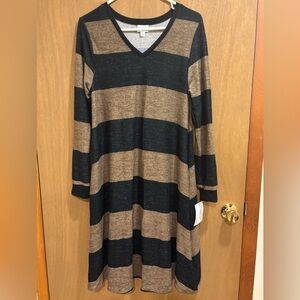 NWT LuLaRoe Emily Swing Dress Black Brown Striped Long Sleeve Pockets Medium